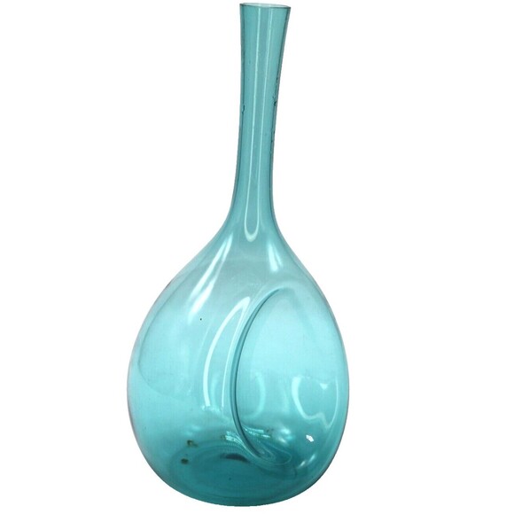 Dimpled Bulb Vase Hand Blown Art Glass Sweden MCM  Aqua Blue - Picture 8 of 16